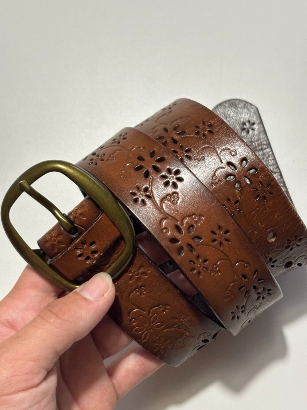 Brown & Brass Genuine Leather Floral Boho Belt